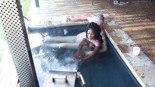"Steam, Sun & Serenity" Ebony Secretary fucks her boss in the hottub